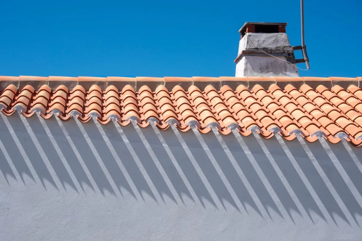 Roof ridge line and chimney on a home in Columbia, MO
